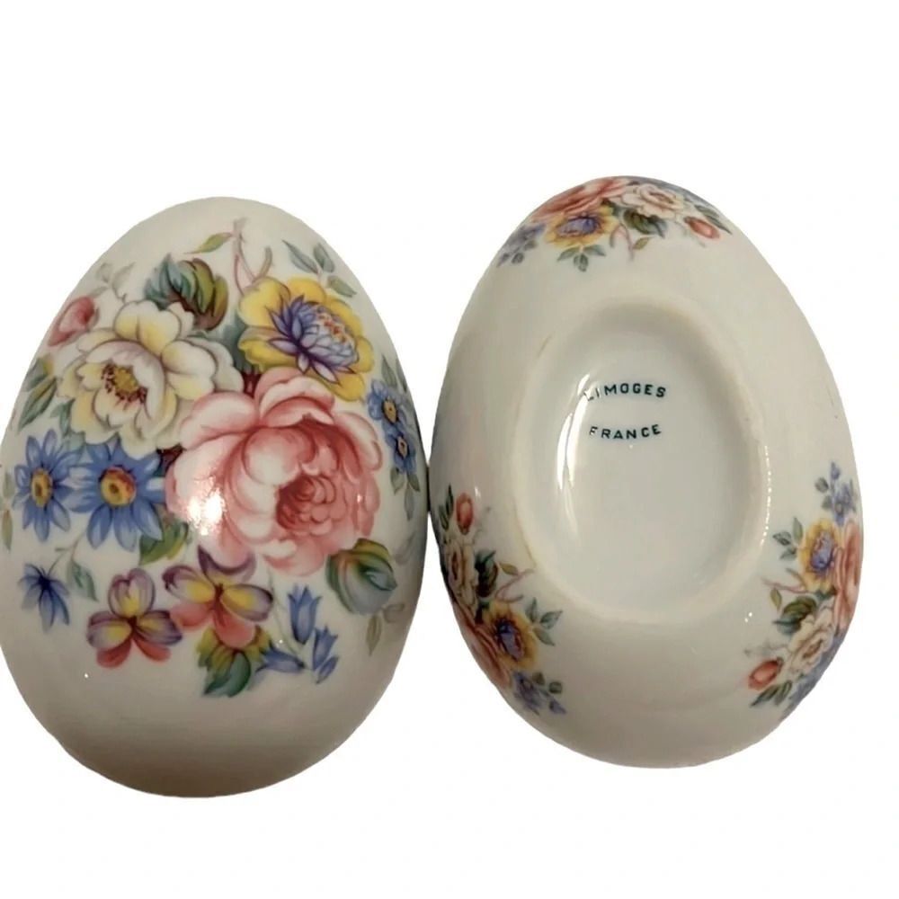 Limoges white and flower egg vintage from France blue pink - Picture 3 of 4